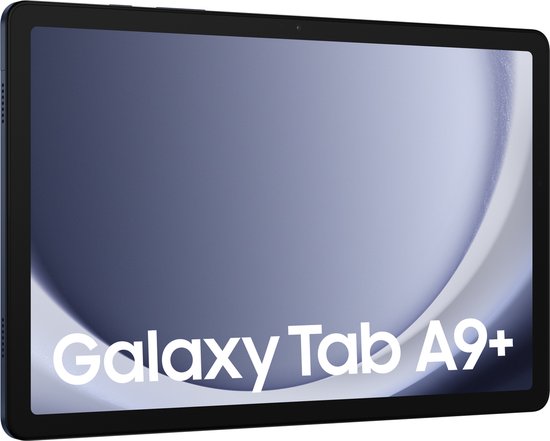 Galaxy Tab A9+ tablet in donkerblauw, met een gedempt scherm.