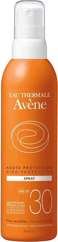 Oranje Avène spuitfles met 'HAUTE PROTECTION HIGH PROTECTION' en SPF 30.