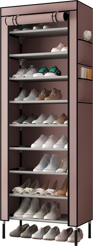 10 verdiepingen 16 mm extra dikke staven stabiele schoenenkast opbergorganizer standaard 58 x 28 x 170 cm met extra dik Oxford-weefsel stofdichte hoes kan tot bruin vasthouden.