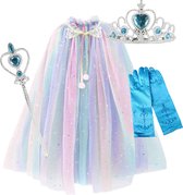 Prinsessenjurk meisje Unicorn- carnavalskleding - Regenboog Cape + Kroon + Toverstaf + Handschoenen