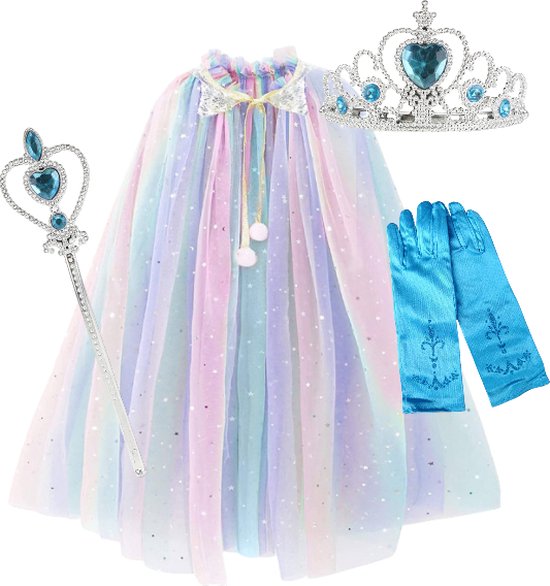 Prinsessenjurk meisje Unicorn - Regenboog Cape + Kroon + Toverstaf + Handschoenen - Frozen Jurk