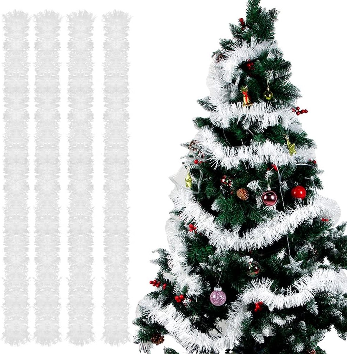 Kerstslingers, 4 stuks klatergoud kerstboom, 3 m klatergoud slinger, klatergoud slinger Kerstmis, kerstdecoratie klatergoud voor kerstboom kerstfeest, verjaardagsfeestdecoratie (wit)