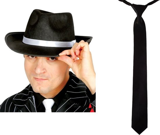 Carnaval verkleed set compleet - gangster/maffia hoedje met stropdas - zwart - volwassenen - verkleedkleding