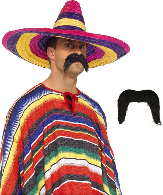 Carnaval verkleed set - Mexicaanse sombrero hoed met plaksnor - multi kleuren - heren