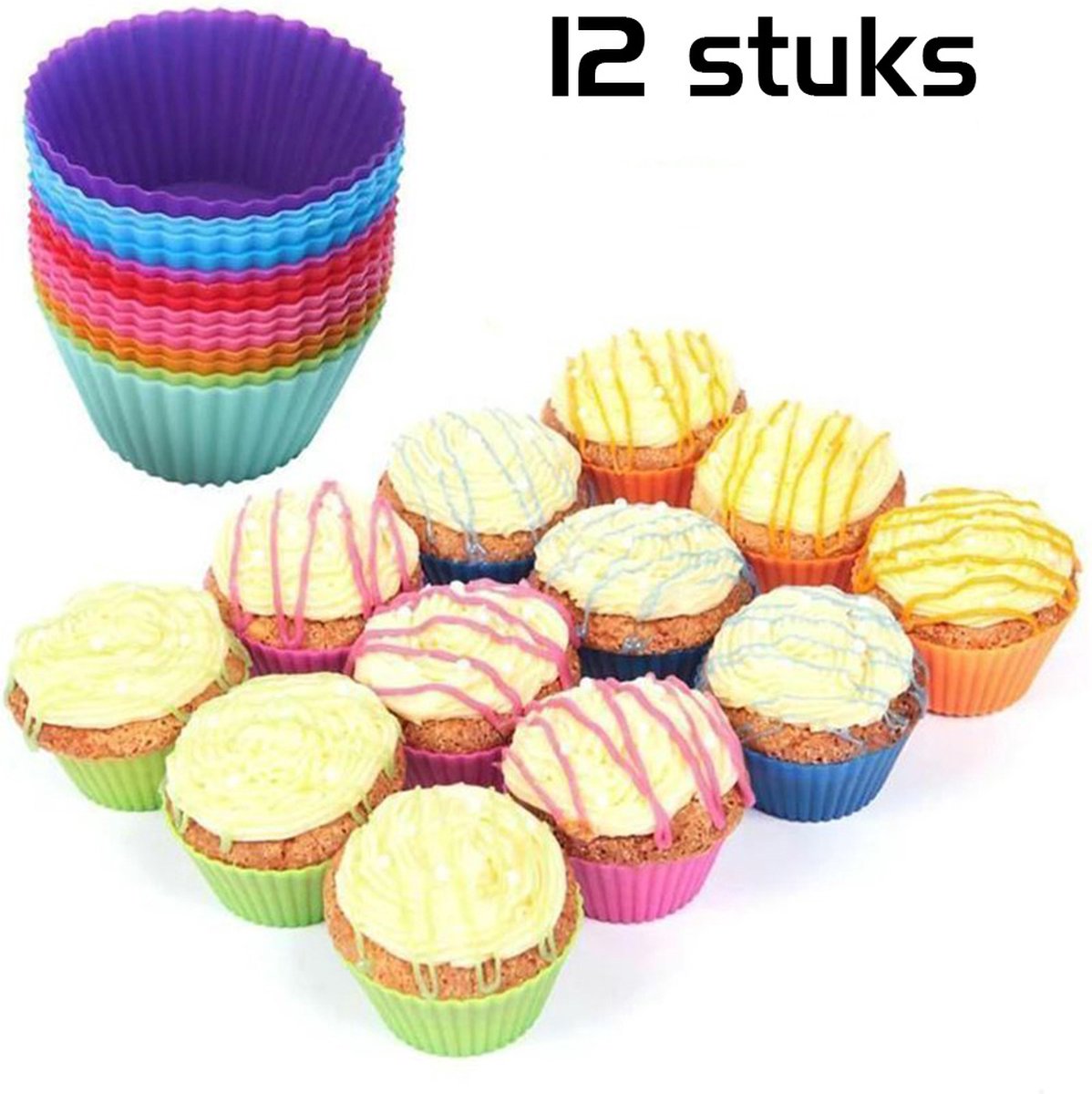 DW4Trading Siliconen Cup Cake Vormpjes Rond - Set van 12 Stuks - Ø7 cm
