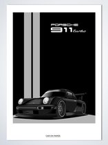 Porsche 911 Turbo Zwart op Poster - 50 x 70cm - Auto Poster Kinderkamer / Slaapkamer / Kantoor