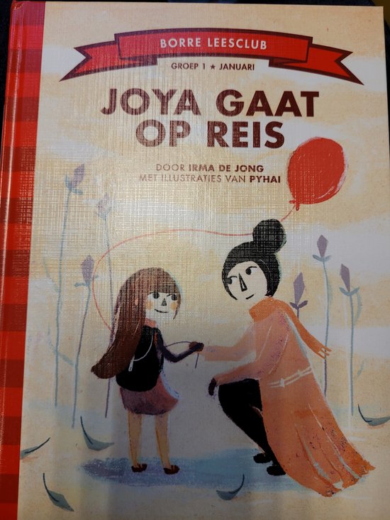 Boekomslag met de tekst "Joya gaat op reis". Twee meisjes, één met een rode ballon, op een gebogen achtergrond.
