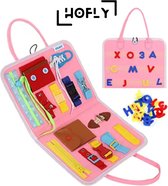 Hofly Busy Board - Roos- Motoriek Speelgoed Map Sensorisch Speelgoed - Extra Duurzaam met Hoogwaardig Leren Afwerking - Unisex Montessori Leren Veter Strikken Knopen Leggen Activiteitenbord - Educatief Spel
