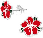 Joy|S - Zilveren Chinese roos oorbellen - 9 mm - rode bloem oorknoppen - kinderoorbellen