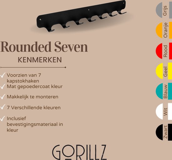 Productinformatie voor de Gorillz Rounded Seven kapstok met zeven haken in matzwart.