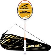 HONDERD Powertek 1000 PRO grafietbespannen badmintonracket met volledige rackethoes (zwart/oranje) | Voor gemiddelde spelers | 95 gram | Maximale snaarspanning - 26 lbs