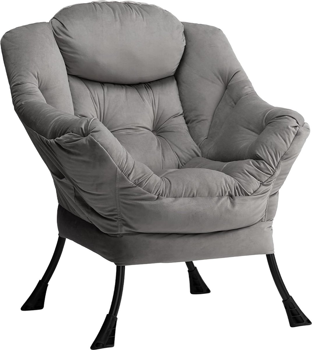 Luie stoel lounge stoel met armleuningen en zijvak relax fauteuil met moderne fluwelen stof en stalen frame, Donkergrijs