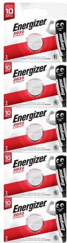 Energizer 2032 lithium knoopcelbatterijen, 5 stuks in verpakking.