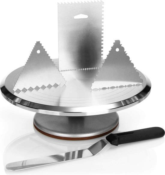 Wenburg Taartplaat draaibaar van aluminiumlegering - 35-delig. Taartdecoratieset, draaibare taartplaat met accessoires, spuitzak, spuitmonden, e-book en meer, taartplateau