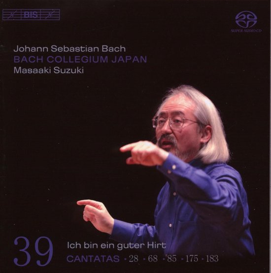 Muziek-cd-hoes met portret van Masaaki Suzuki, dirigerend, met de titel 'Johann Sebastian Bach Cantatas Volume 39'.