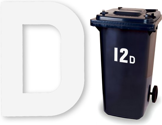 Grote witte letter D naast een donkerblauwe afvalcontainer met "12D" erop.