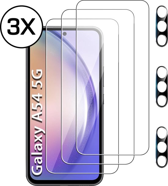 Podec Screenprotector en Camera Lens Protector geschikt voor Samsung Galaxy A54 - Gehard Beschermglas - Transparant en Krasbestendig - Tempered Glass Screen Cover - 3 + 3 Stuks