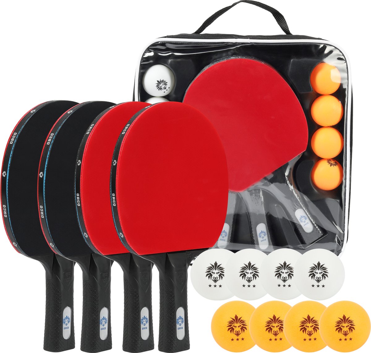 ORCQ - Professionele tafeltennis set - 4 Tafeltennisbatjes - 8 Balletjes - Pingpong set - Opberghoes met rits - Professionele balletjes
