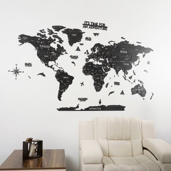 IWA Concept - Wereldkaart 3D en bois - Décoration murale - Wereldkaart - Panneau mural en bois - Accessoires de vêtements pour bébé de bureau - Cadeau de pendaison de crémaillère - Décoration murale - Medium - 100x54 CM