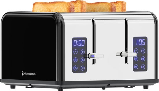 KitchenBrothers Broodrooster - Toaster - 6 Warmteniveaus - 4 Extra Brede Sleuven - Touch display - 1630W - RVS/Zwart