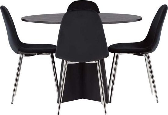 Bootcut eethoek tafel zwart en 4 Polar stoelen zwart.