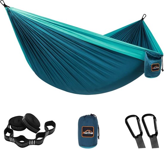 Overmont Dubbellaagse hangmat, TÜV-gecertificeerd, draagvermogen 400 kg, outdoor, ademend, hangmat voor camping, reizen, trekking, tuin, van parachute-nylon (zwart en oranje, 270 x 140 cm