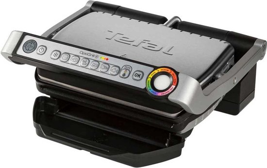 Grijze Tefal OptiGrill contactgrill met zwarte accenten en digitale bediening.