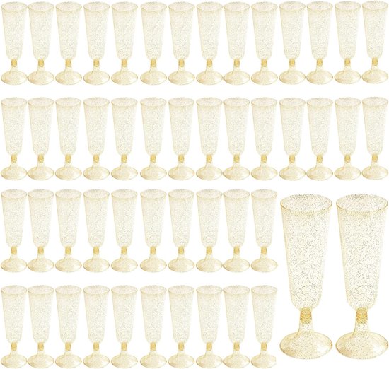 MATANA 50 Plastic Champagneglazen met Gouden Glitter, 150ml - Herbruikbare Champagne Glazen voor Bruiloften, Verjaardagen, Kerstmis & Feesten - Elegante Plastic Glazen voor Cocktails, Dessert