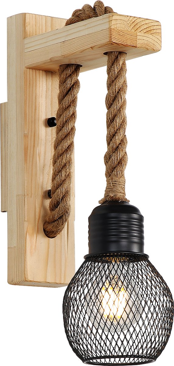 Delaveek- E27 Vintage wandlamp binnen - Hout - Twijnkap - Zwart (zonder lamp)