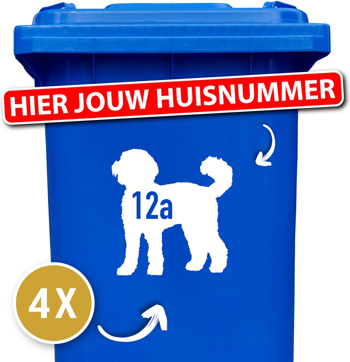 Labradoodle - Kliko Sticker Voordeelset - 4 stuks - 19 x 20 cm - Wit - Vuilnisbak Stickers - Container Sticker Hond - Cijfer Stickers - Container sticker - Klikostickers - Stickers Volwassenen