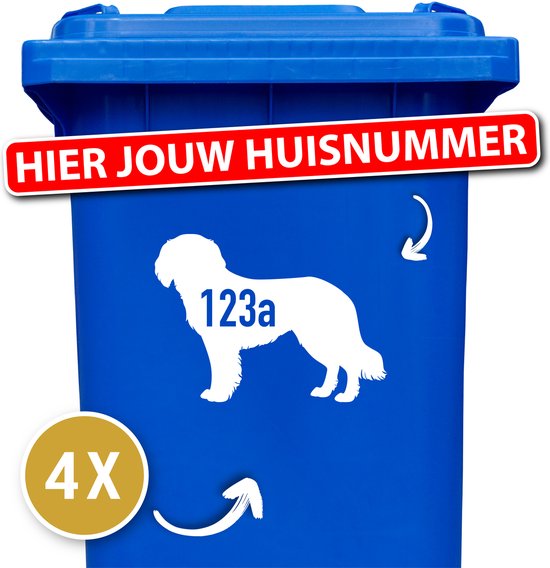 Container sticker hond- klikostickers - kliko sticker voordeelset - 4 stuks - Stabij hond - container sticker huisnummer - wit - vuilnisbak stickers