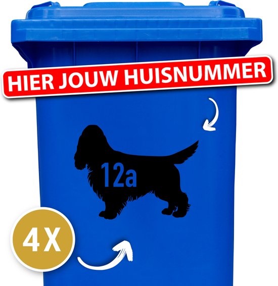Container sticker - klikostickers - 4 stuks - Engelse cocker spaniel - container sticker huisnummer - zwart - vuilnisbak stickers - container sticker hond
