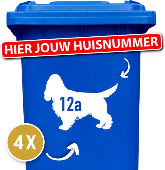 Container sticker - klikostickers - kliko sticker voordeelset - 4 stuks - Engelse cocker spaniel - container sticker huisnummer - wit - vuilnisbak stickers - container sticker hond