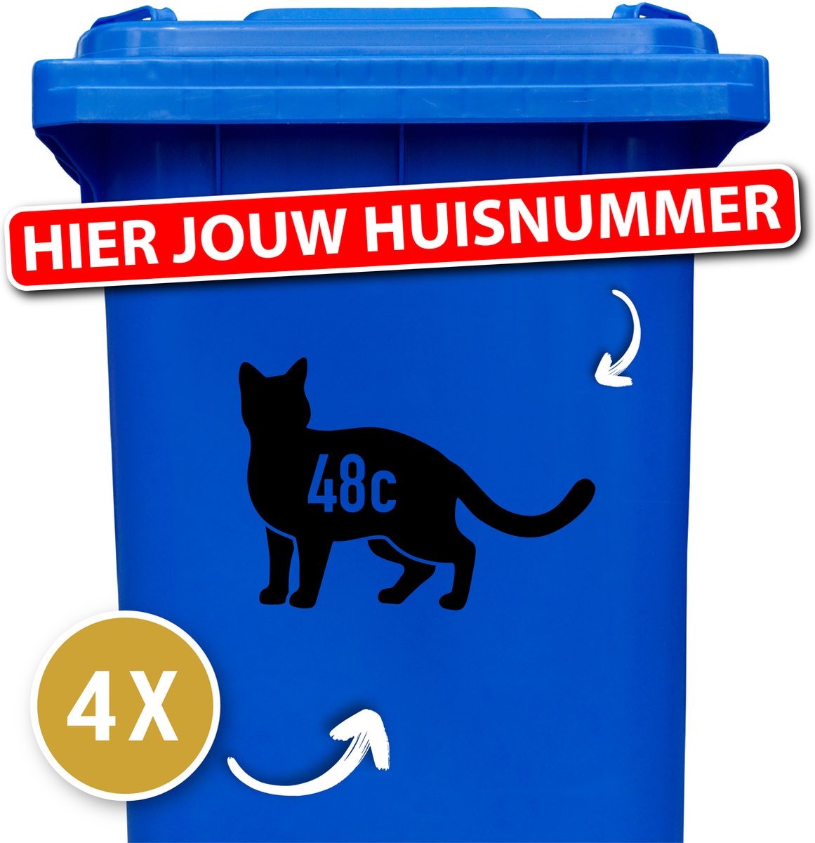 Container Sticker - Kat met Huisnummer - 25 x 17,5 cm - 4 stuks - Zwart - Container Sticker Kat - Klikostickers
