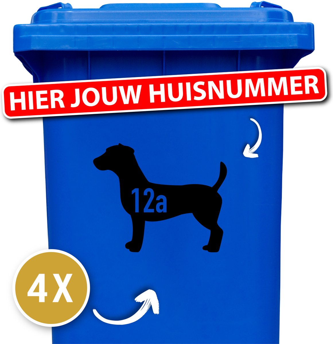 Klikostickers - kliko sticker voordeelset - 4 stuks - Jack Russel - container sticker huisnummer - zwart - vuilnisbak stickers - container sticker hond