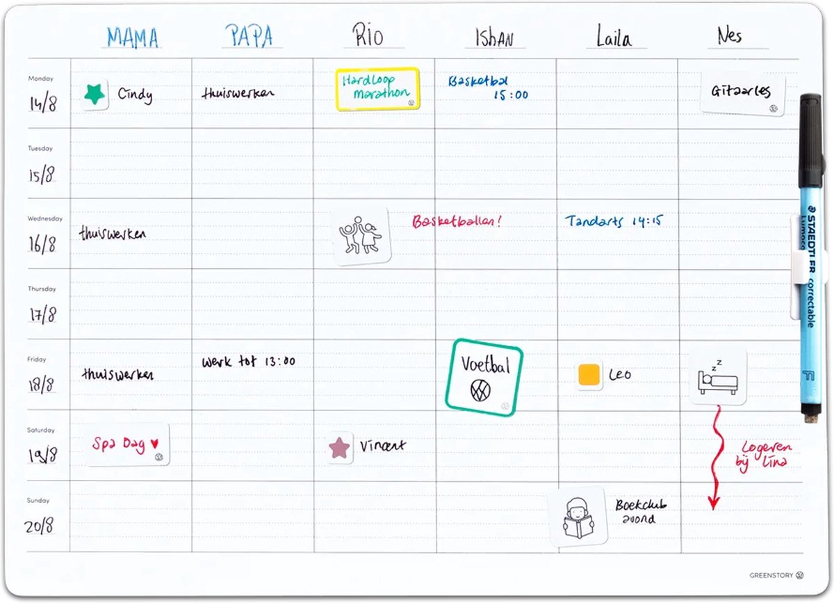 GreenStory - Familieplanner planbord - 6 personen - Familieagenda - Sticky Whiteboard - met Sticky Pen - Greenstory