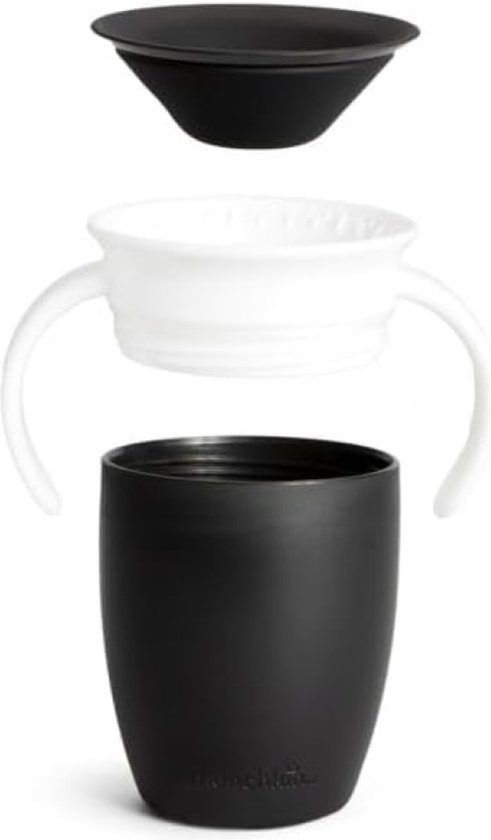 Zwarte Miracle Trainer Cup, losse zwarte deksel en losse witte tuitrand met witte handgrepen.