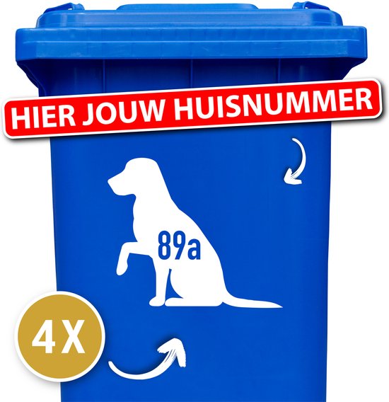 Container sticker - 12345678910 - kliko sticker voordeelset - 4 stuks - Labrador pootje - 17 x 20 cm - container sticker huisnummer - wit - vuilnisbak stickers - container sticker hond