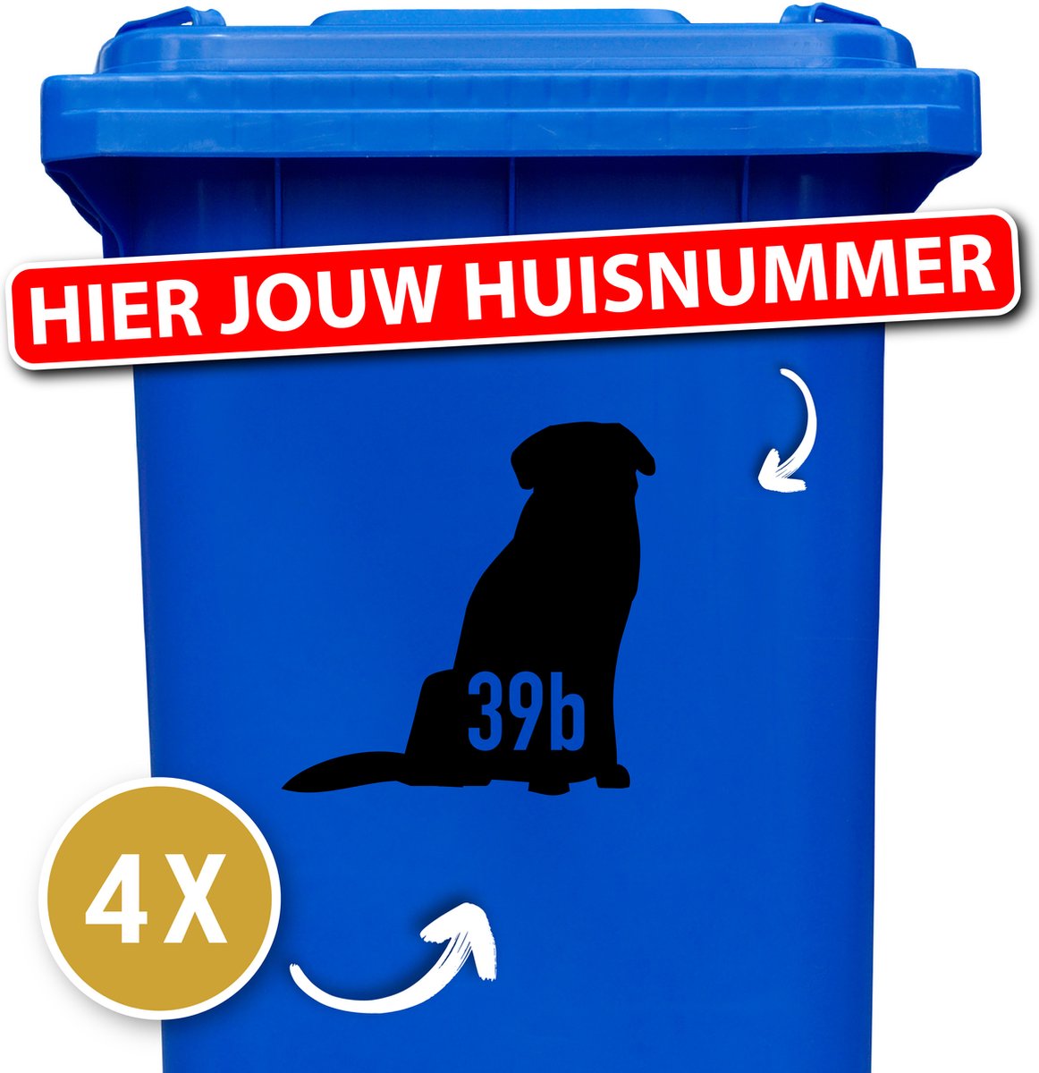 Container sticker - klikostickers - kliko sticker voordeelset - 4 stuks - Labrador zittend - 20 x 20 cm - container sticker huisnummer - zwart - vuilnisbak stickers - container sticker hond