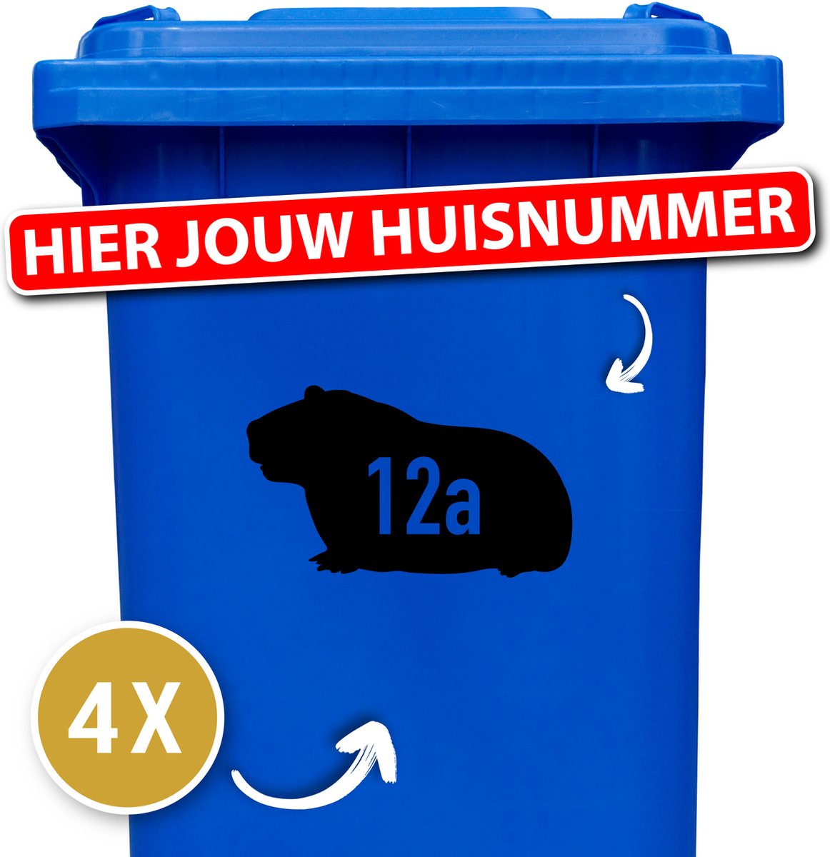 Cavia - Container Sticker met Huisnummer - Kleur: Zwart - Aantal: 4 Stuks - Stickers volwassenen - Cijfer stickers - Container stickers - sticker - stickers
