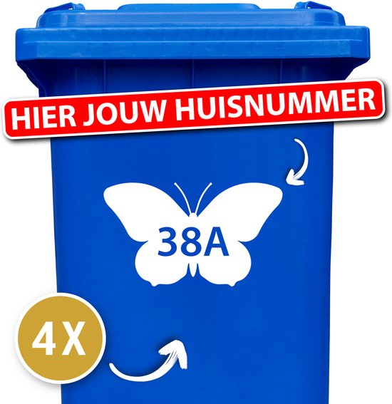 Container Sticker Vlinder met Huisnummer 4 stuks - 25 x 14,5 cm - Wit - Klikostickers - 12345678910 - Cadeau