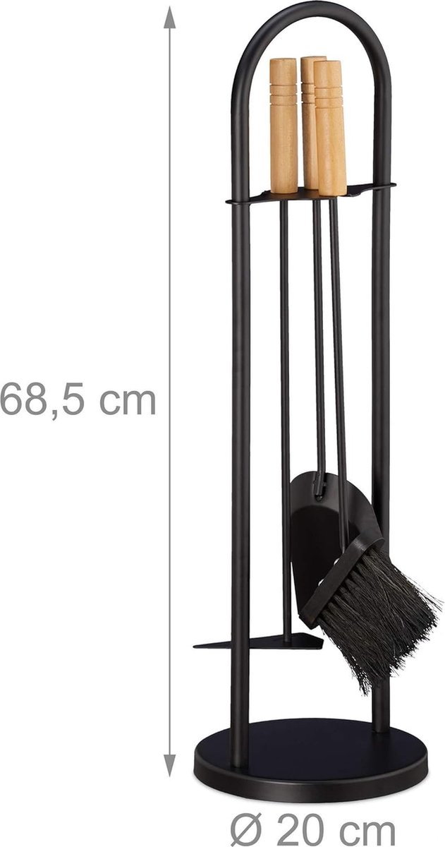 modern haardbestek, 4-delige haardset, met schep, bezem, asschraper en houder, ovenbestek, zwart, 68,5 x 20 x 20 cm