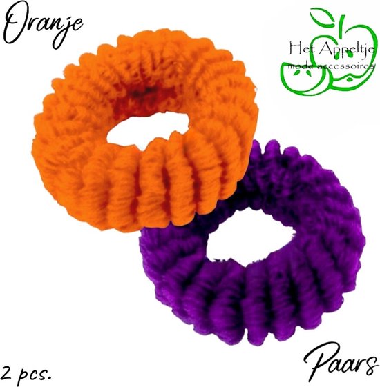 Brede Gebreide Ribbel Haar Elastieken - Oranje en Paars - 2 stuks - 6,7 x 3,5 cm - Volwassenen Jeugd Kinderen - Unisex - Casual Sport Feest