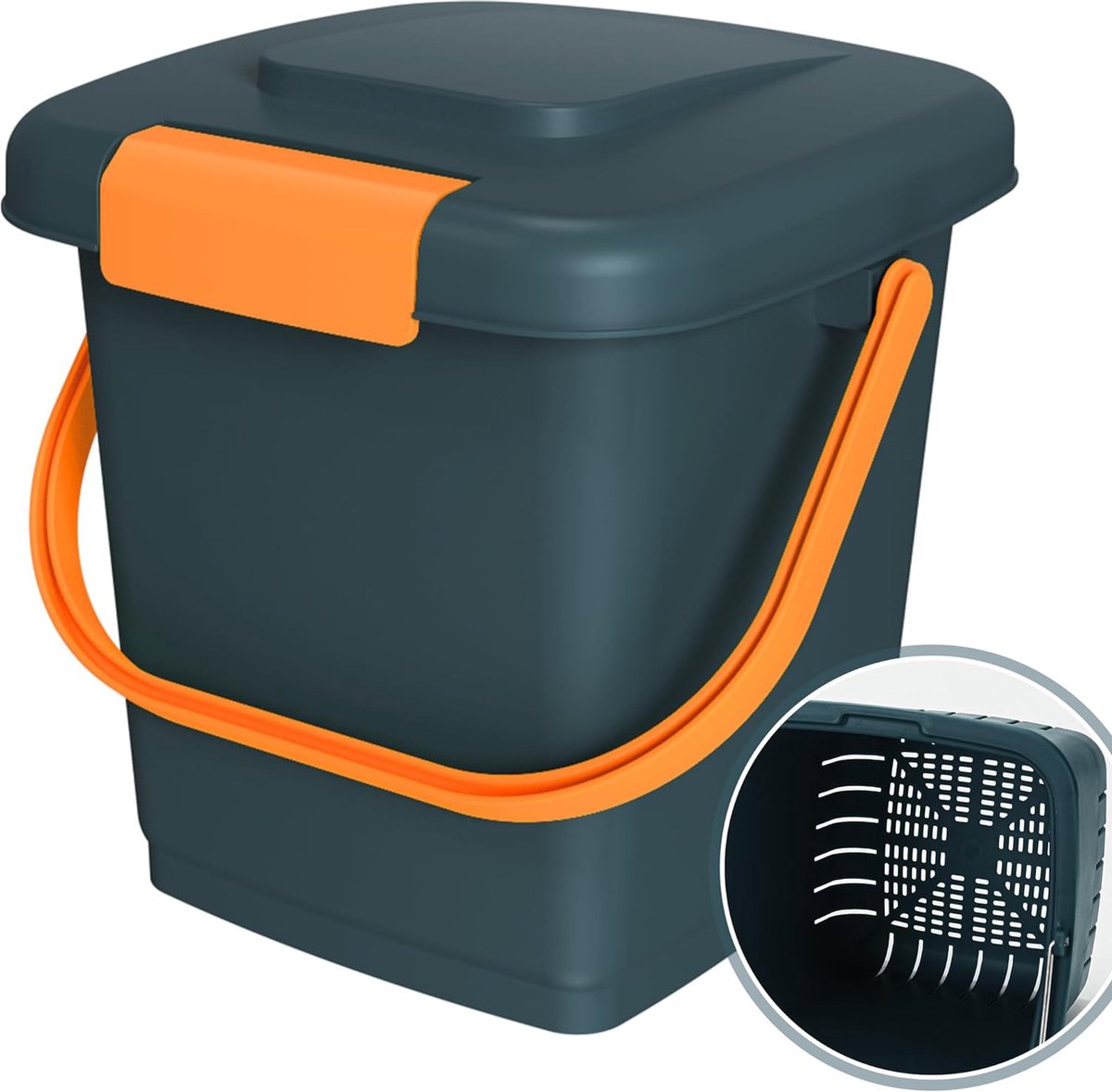 Biologische afvalemmer voor de keuken, 8 liter, met deksel, vaatwasmachinebestendig en geurdicht, kliksluiting en uitneembare zeef, bio-afvalbak, compostemmer, keuken (grijs)