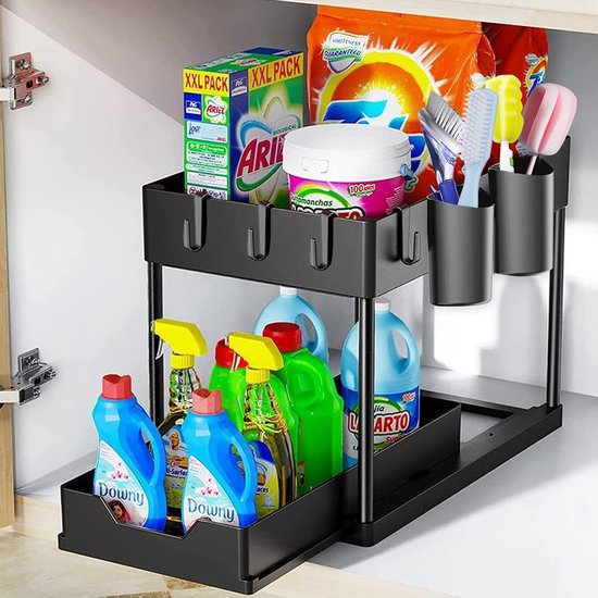 Keuken Organizer 2-laags kast, uittrekbare planken, metalen uittrekbare organizer voor keuken, badkamer, robuuste roestvrijstalen draadmand, uitschuifbare lade, opbergplank voor voorraadblikken, pott