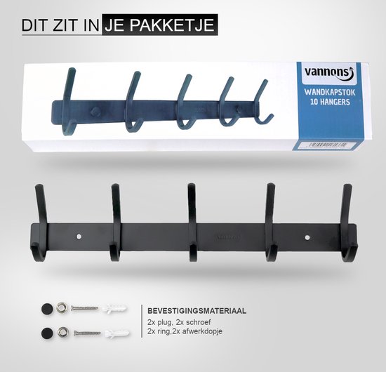 Zwarte wandkapstok met 10 haken, inclusief bevestigingsmateriaal.