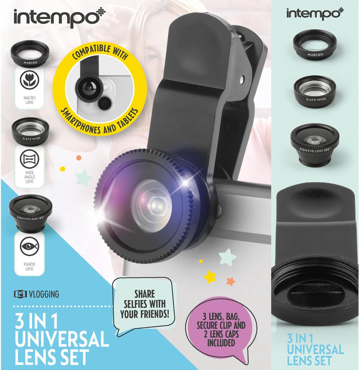 INTEMPO 3-IN-1 UNIVERSAL CAMERA LENS SET WITH 2 LENS CAPS AND MICROFIBRE STORAGE BAG
