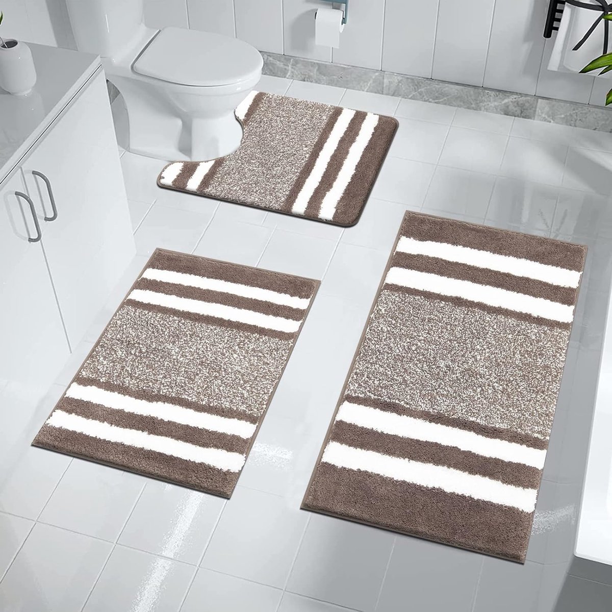 3 stuks luxe badmat en voetstuk mat set super zachte microvezel pluizige badkamer tapijt machine wasbare absorberende douche tapijten voor badkamer, bruin