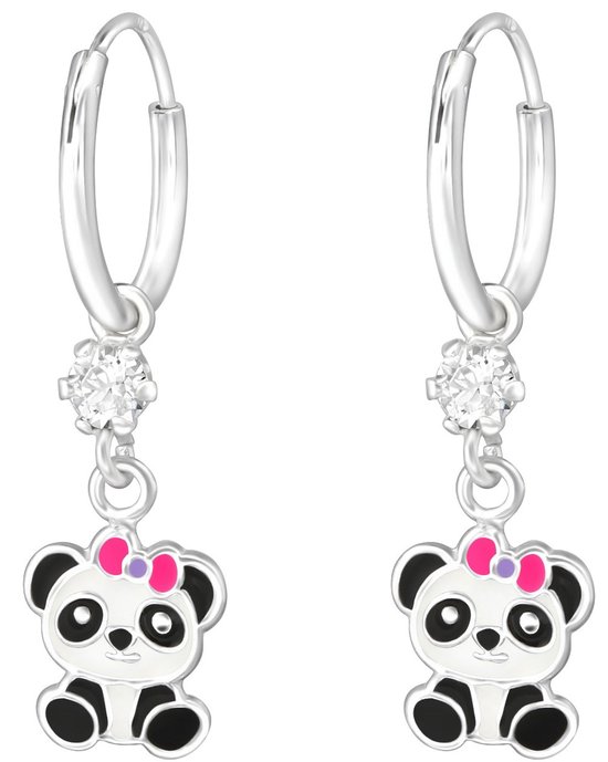 Joy|S - Zilveren panda bedel oorbellen - pandabeer met roze strikje - oorringen - met La Crystale kristal