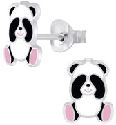 Joy|S - Zilveren Panda oorbellen - 6 x 8 mm - zwart wit met roze voetjes